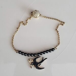 Swarovski Swallow Bird Key Charm Bracelet Gold Tone Black Crystals Magnetic 6.5"